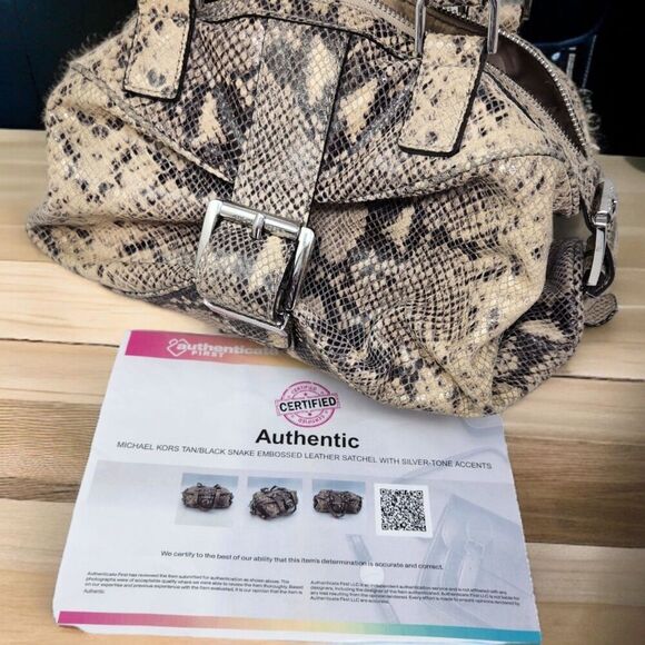 Michael Kors Heidi Dark Sans Satchel tan brown black silver snake print bag 2009 - Picture 16 of 16